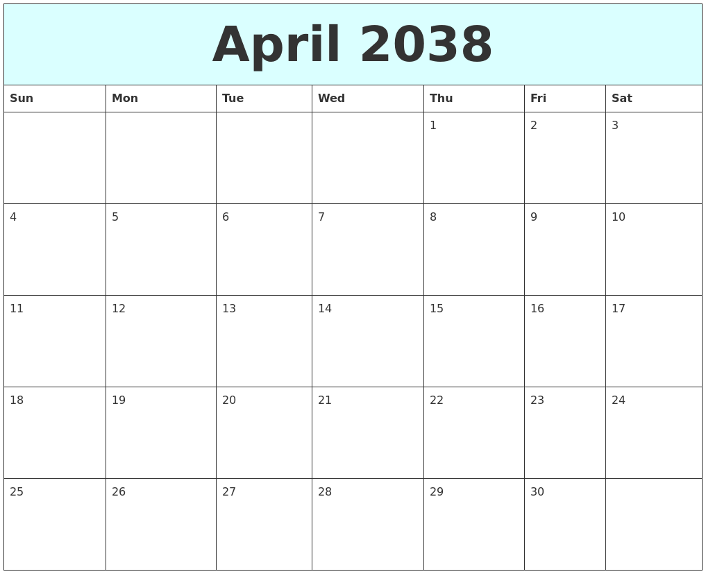 April 2038 Free Calendar