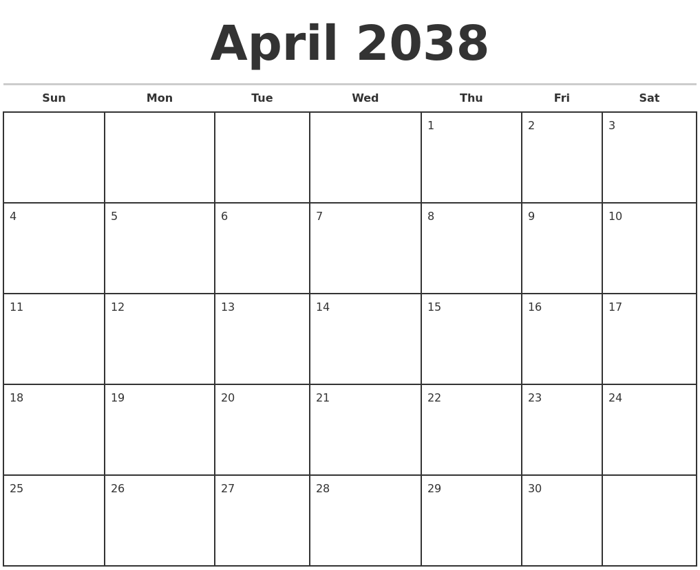 April 2038 Monthly Calendar Template