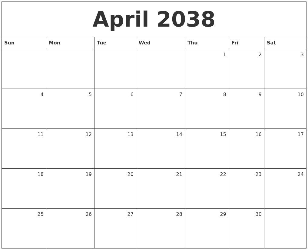 April 2038 Monthly Calendar