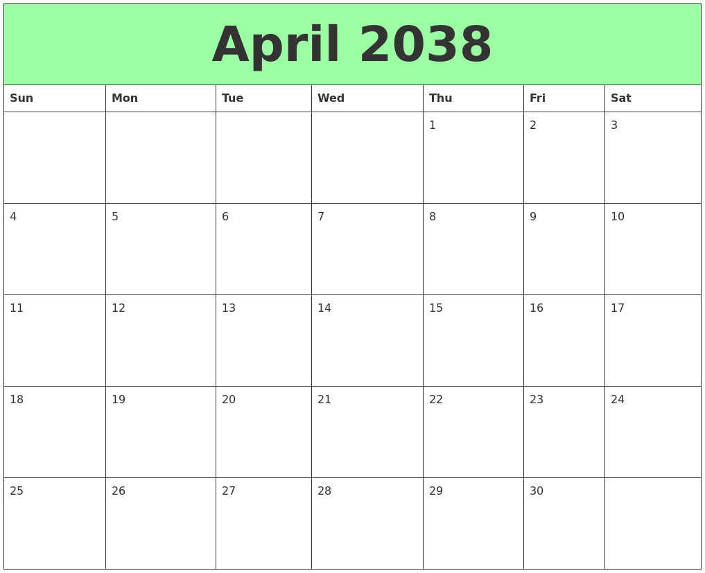 April 2038 Printable Calendars