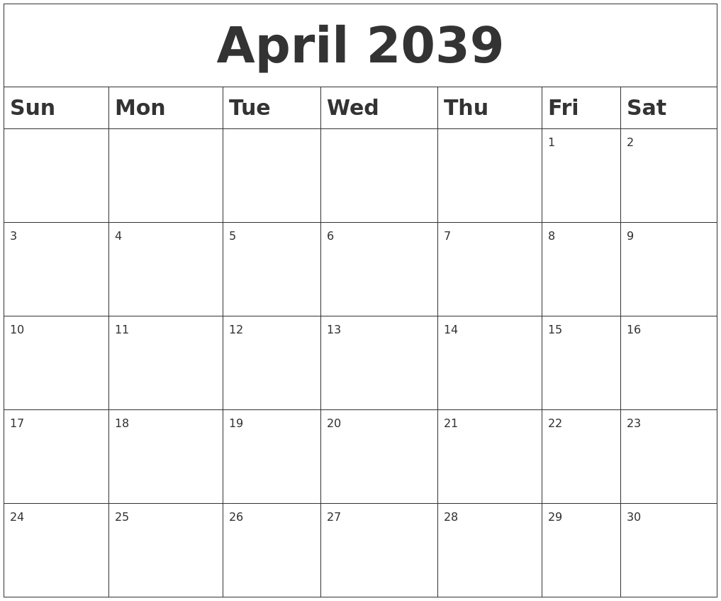 April 2039 Blank Calendar
