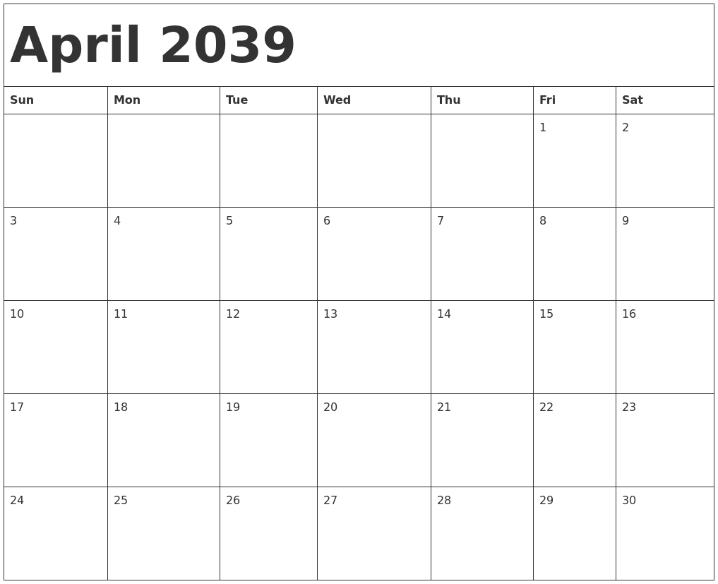 April 2039 Calendar Template