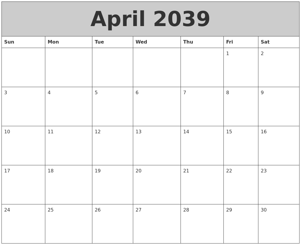 April 2039 My Calendar