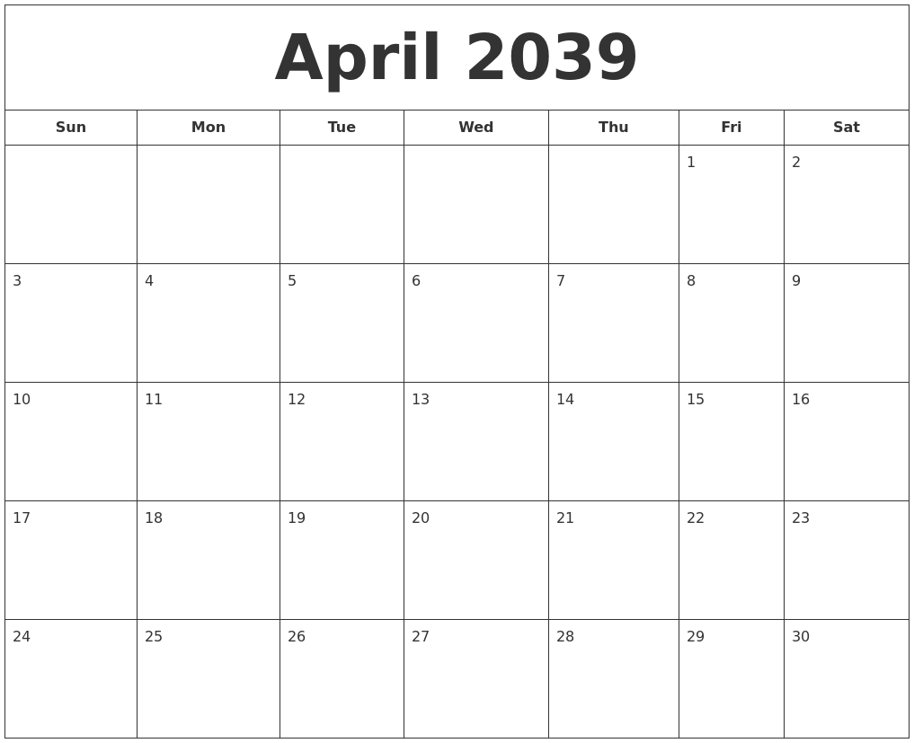 April 2039 Printable Calendar
