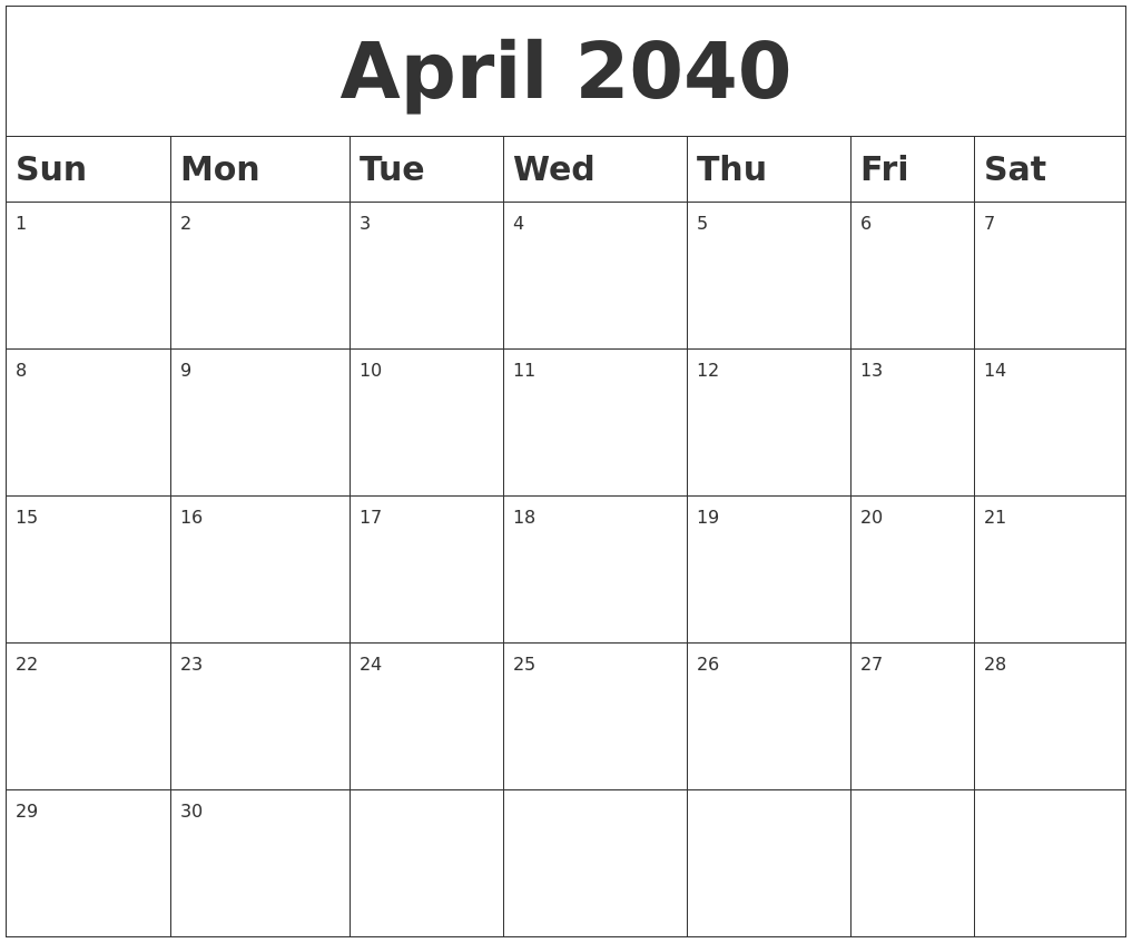 April 2040 Blank Calendar