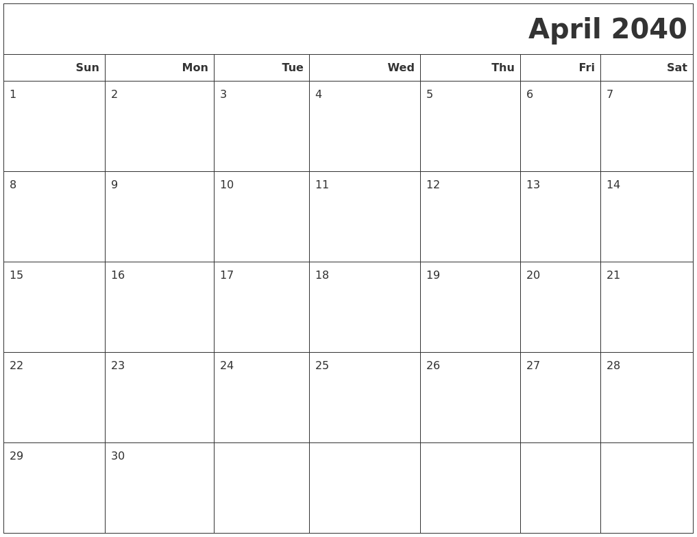April 2040 Calendars To Print