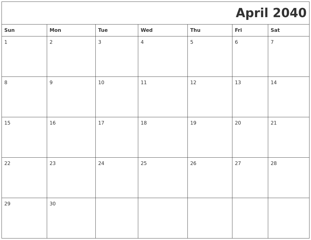 April 2040 Download Calendar