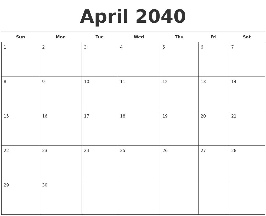 April 2040 Free Calendar Template
