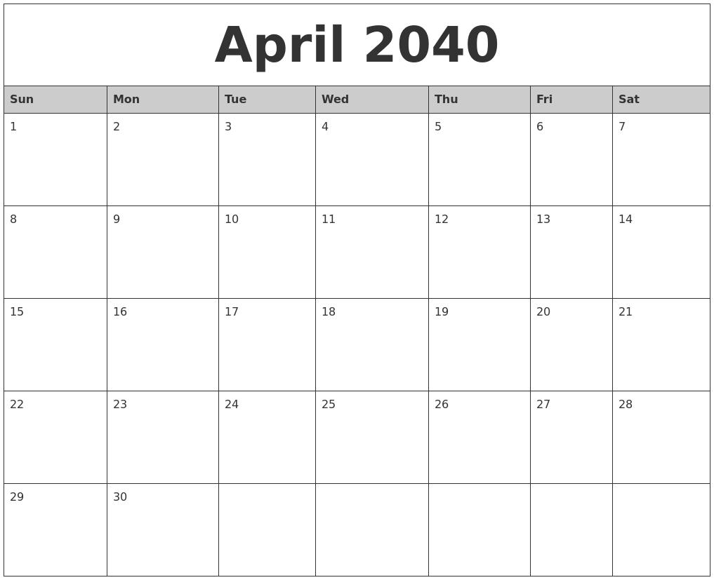 April 2040 Monthly Calendar Printable