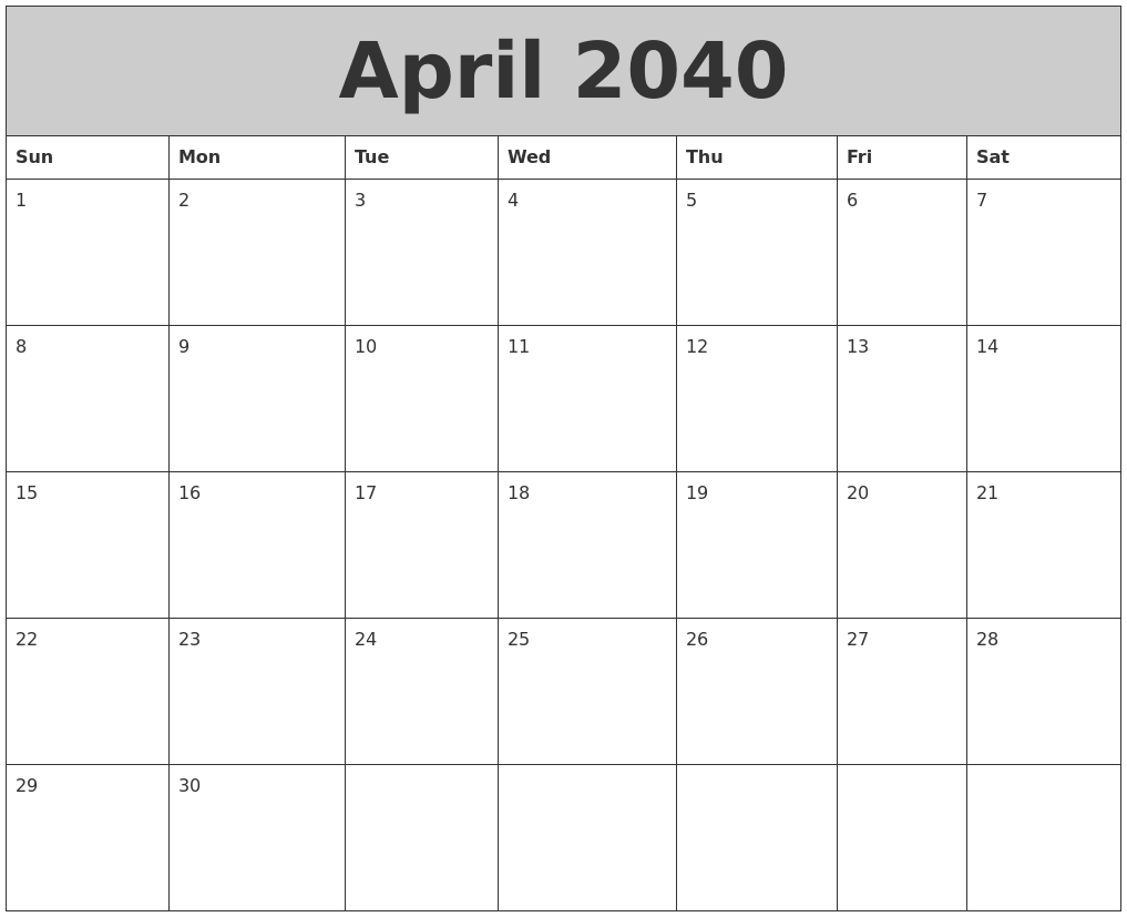 April 2040 My Calendar