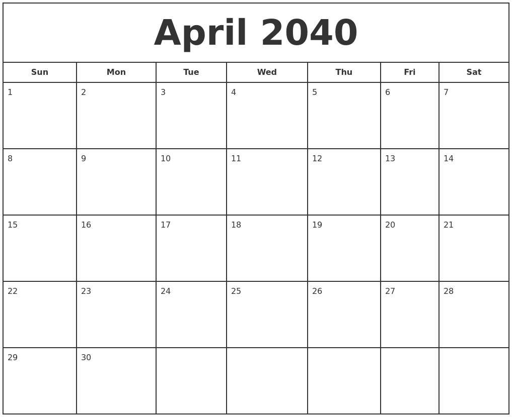 April 2040 Print Free Calendar