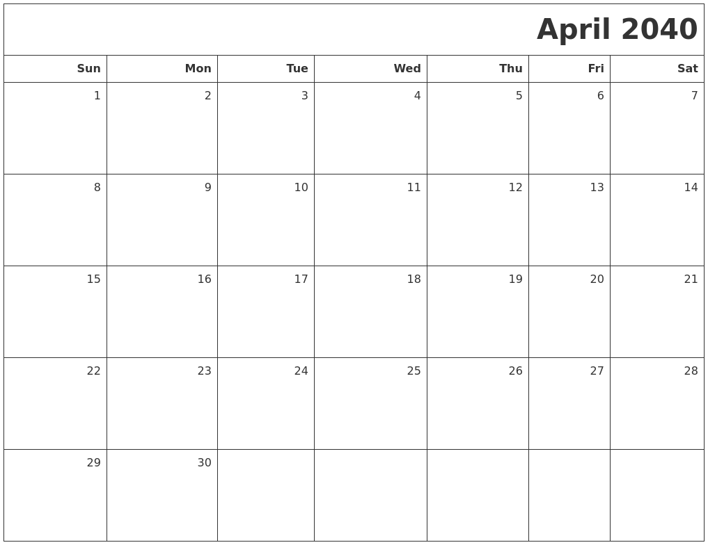 April 2040 Printable Blank Calendar