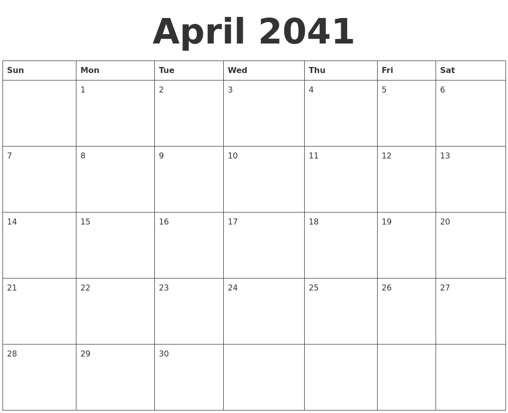 April 2041 Blank Calendar Template
