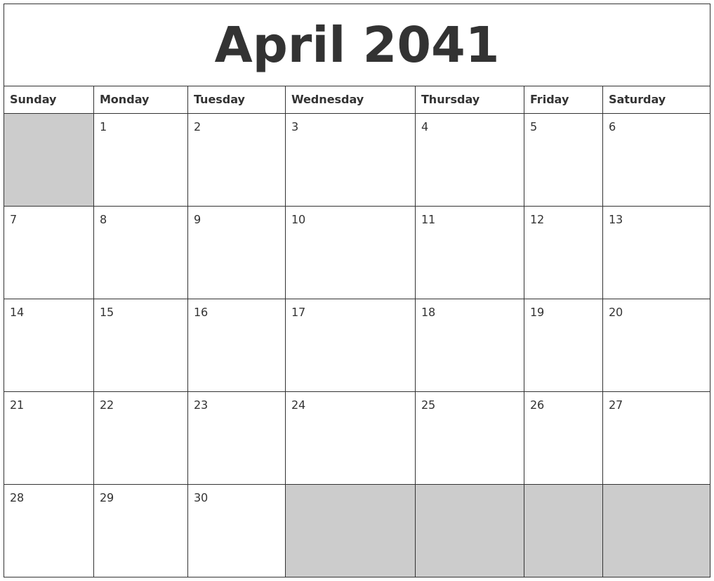 April 2041 Blank Printable Calendar