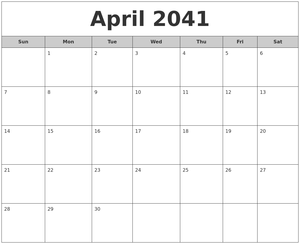 April 2041 Free Monthly Calendar