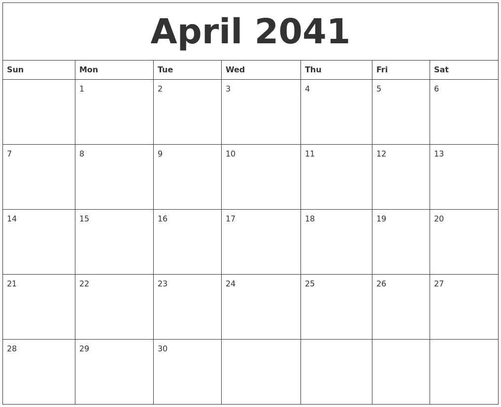 April 2041 Free Printable Calenders