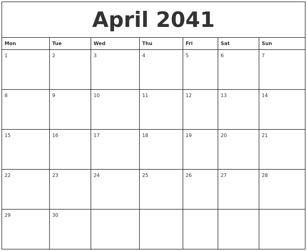April 2041 Printable Monthly Calendar