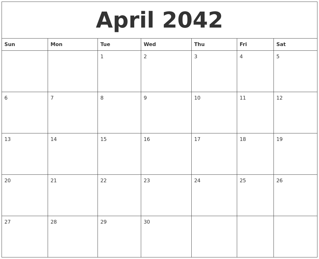 April 2042 Calendar Printable Free
