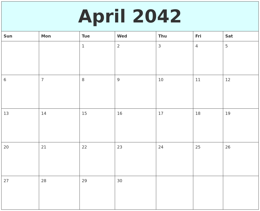 April 2042 Free Calendar