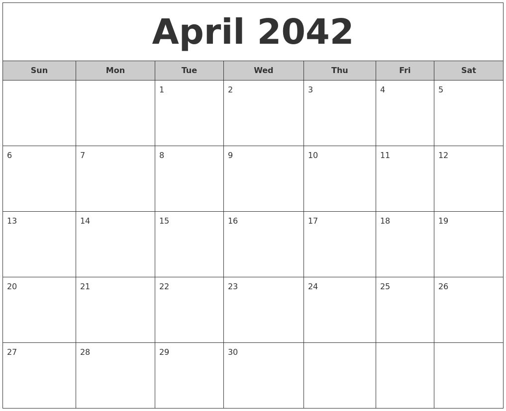 April 2042 Free Monthly Calendar