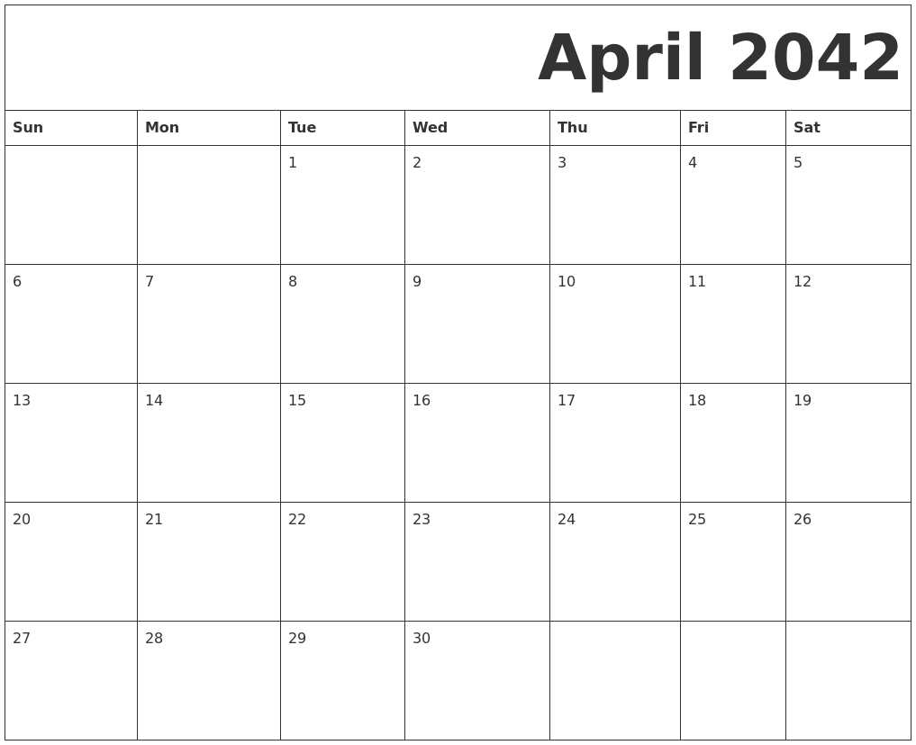 April 2042 Free Printable Calendar