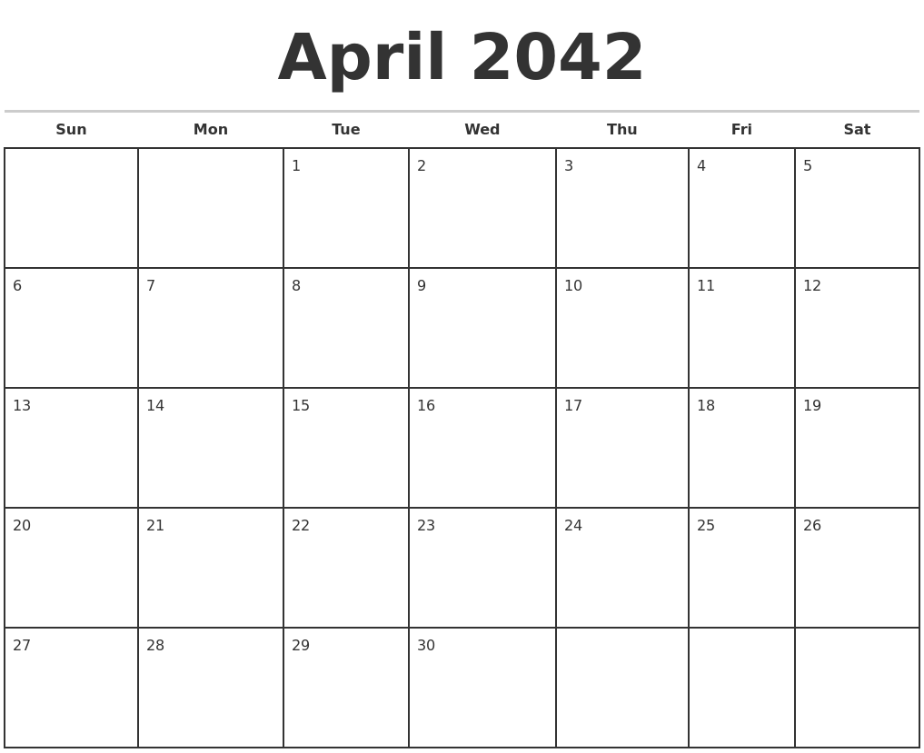 April 2042 Monthly Calendar Template