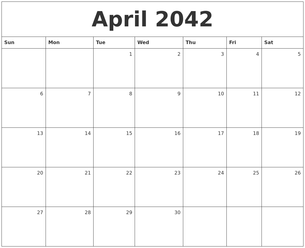 April 2042 Monthly Calendar