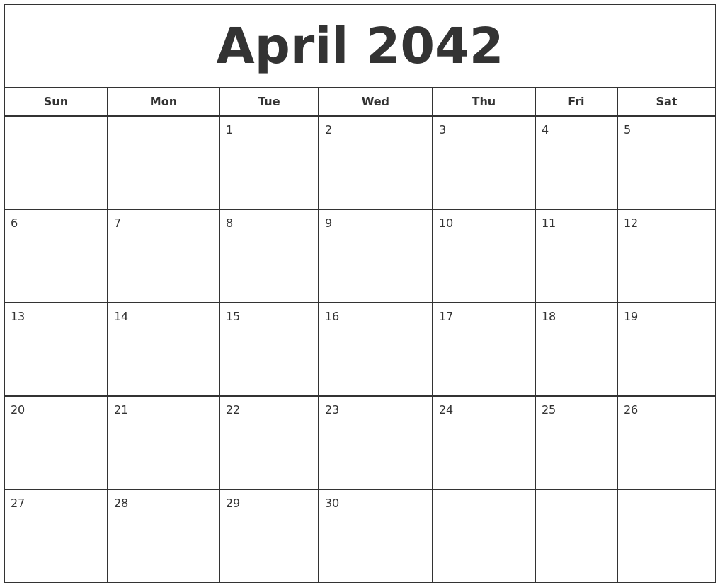April 2042 Print Free Calendar