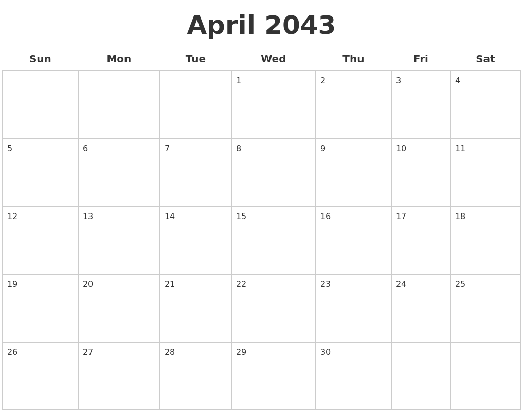 April 2043 Blank Calendar Pages
