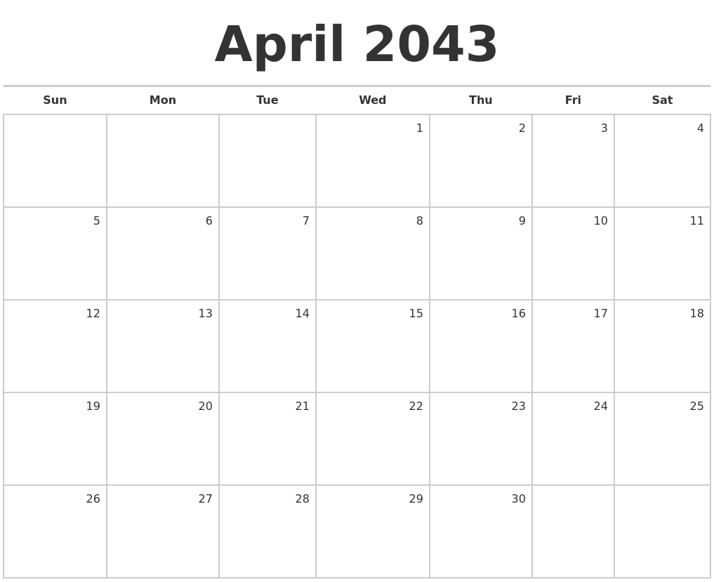 April 2043 Blank Monthly Calendar