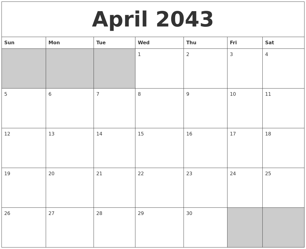 April 2043 Blank Printable Calendar