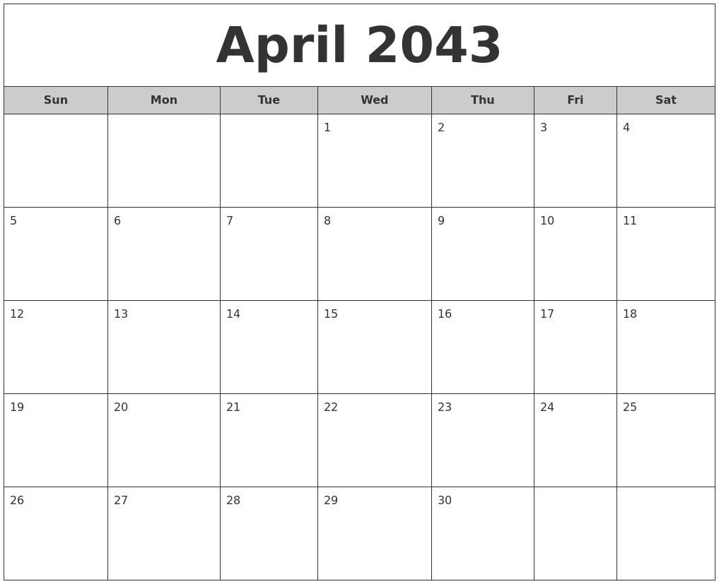 April 2043 Free Monthly Calendar