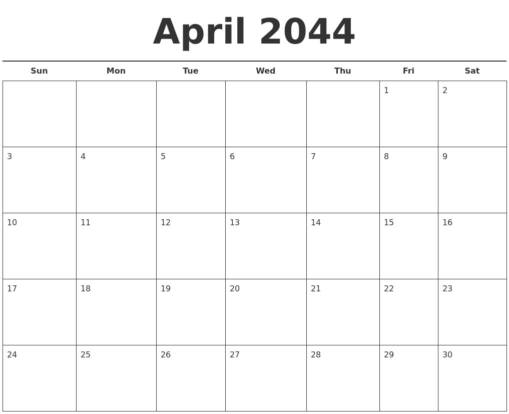 April 2044 Free Calendar Template
