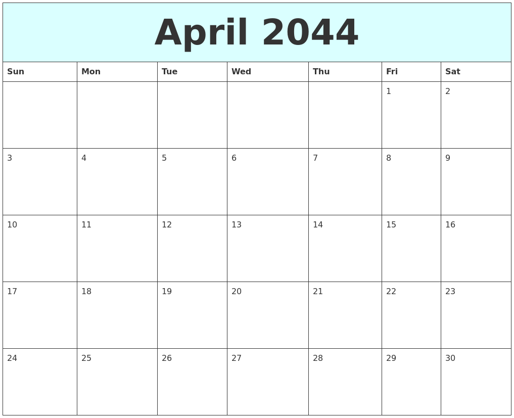 April 2044 Free Calendar