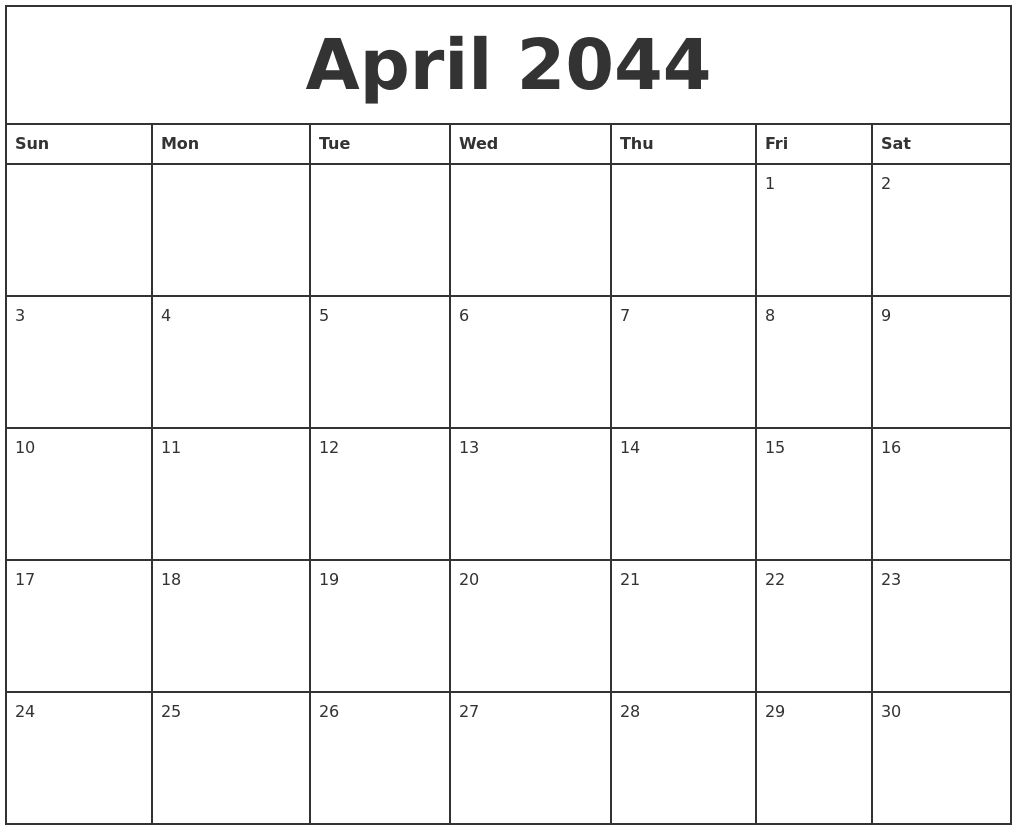 April 2044 Printable Monthly Calendar
