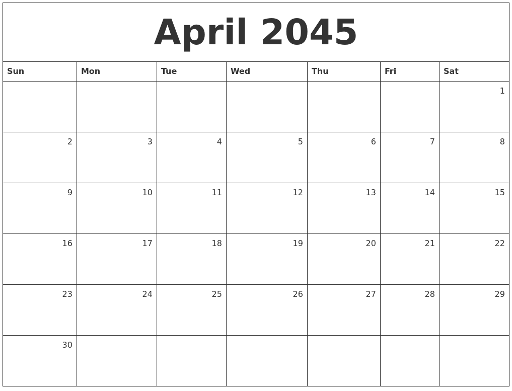 April 2045 Monthly Calendar