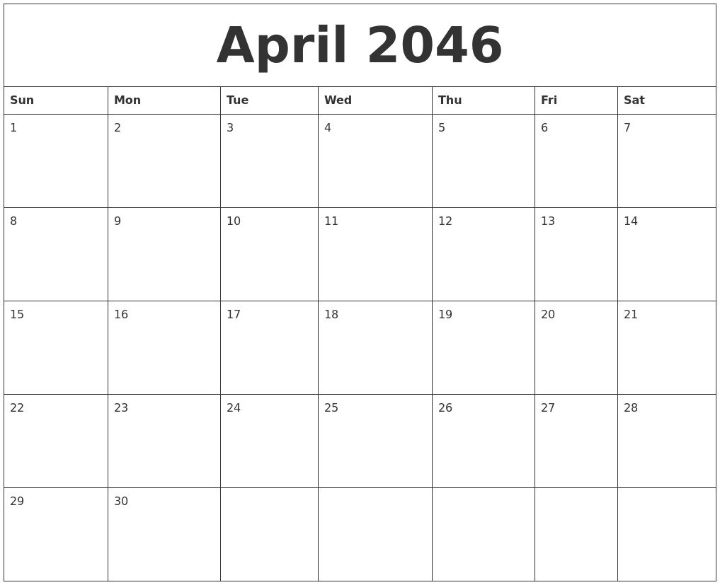 April 2046 Calendar Printable Free