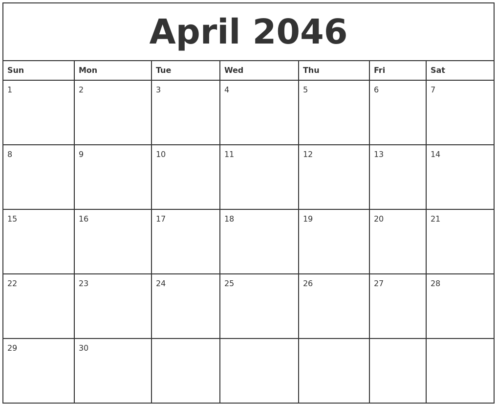 April 2046 Printable Monthly Calendar