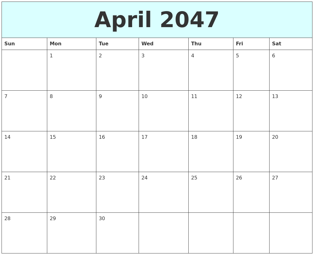 April 2047 Free Calendar