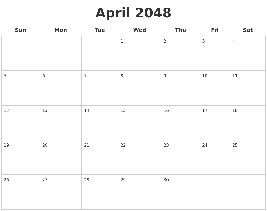 April 2048 Blank Calendar Pages