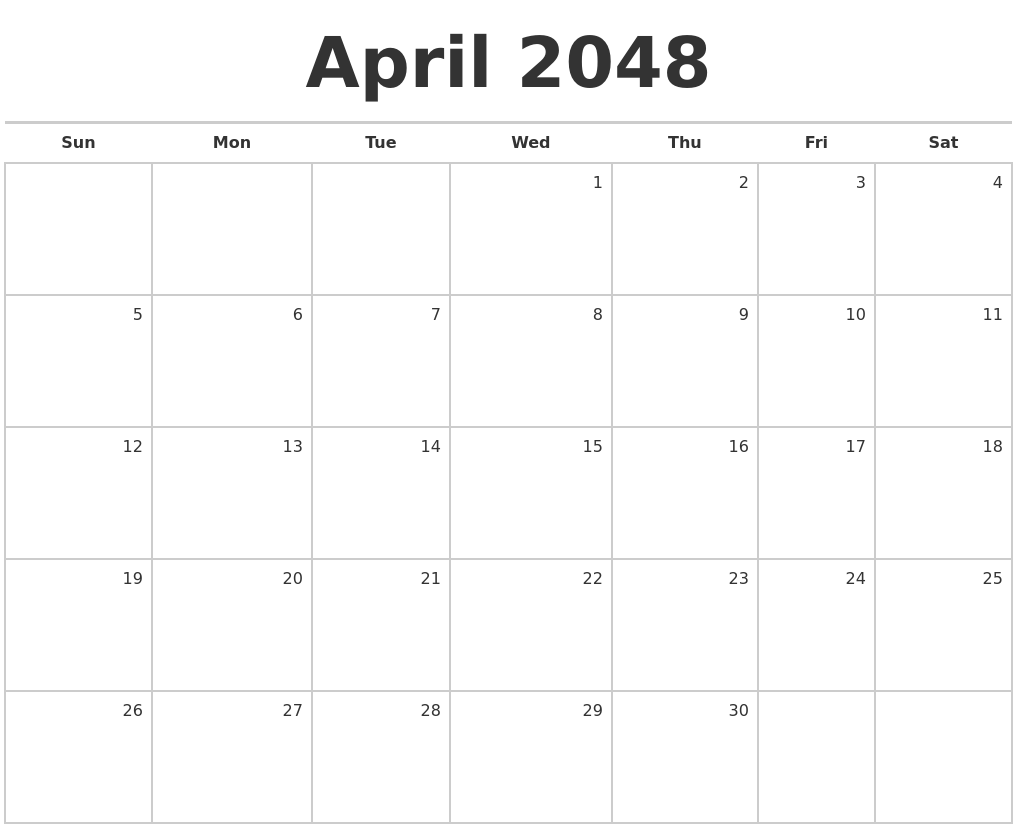 April 2048 Blank Monthly Calendar