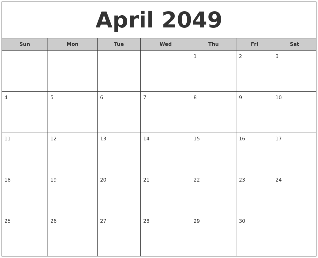 April 2049 Free Monthly Calendar