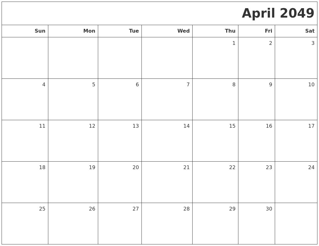 April 2049 Printable Blank Calendar