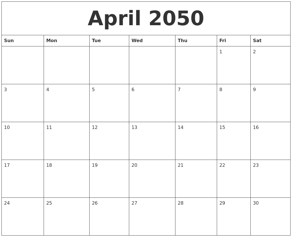 April 2050 Free Printable Calenders