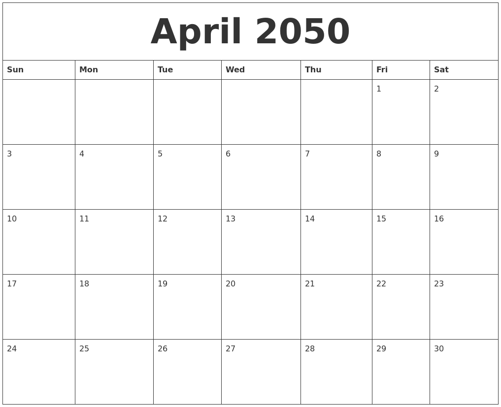 April 2050 Free Printable Weekly Calendar