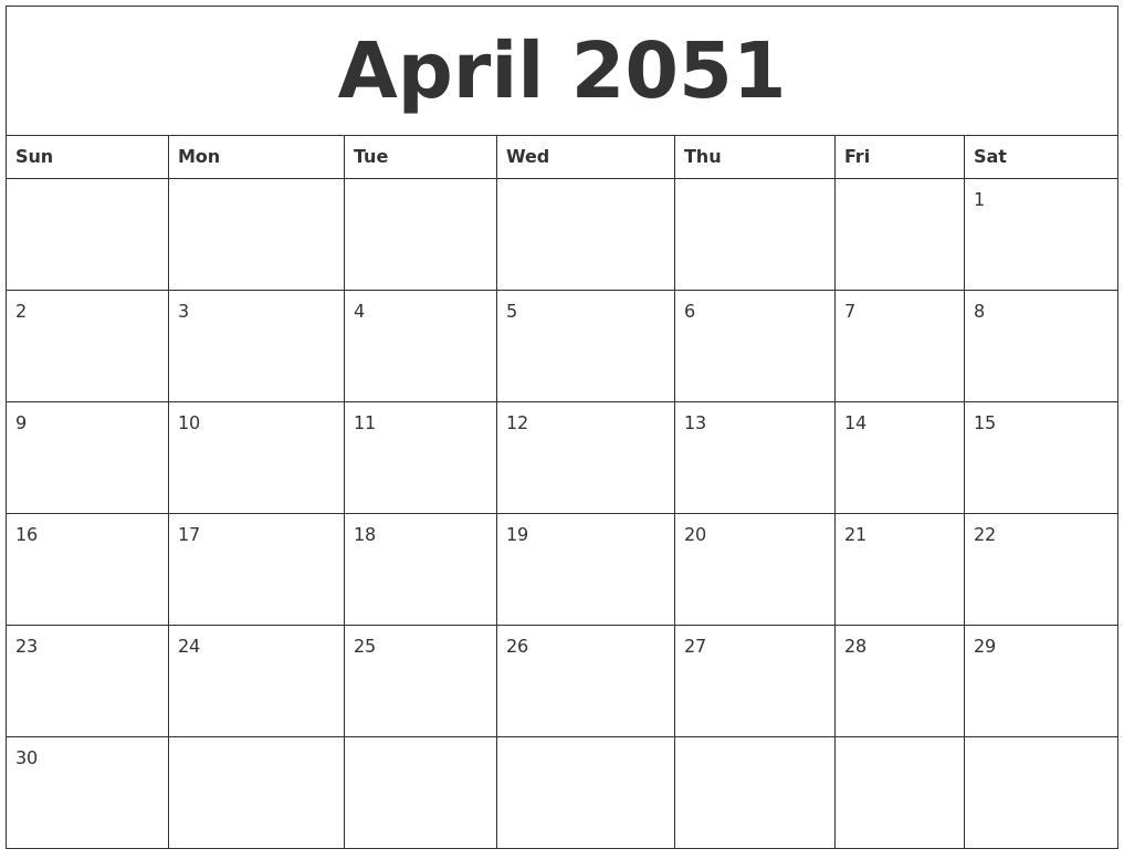 April 2051 Blank Monthly Calendar Pdf