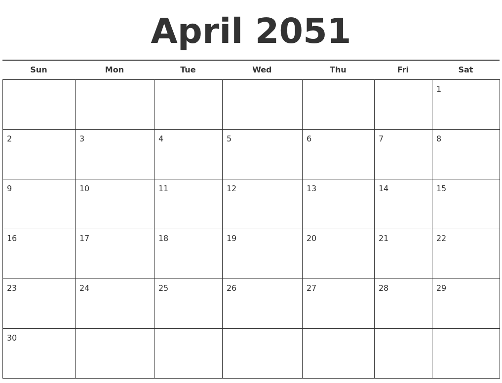 April 2051 Free Calendar Template