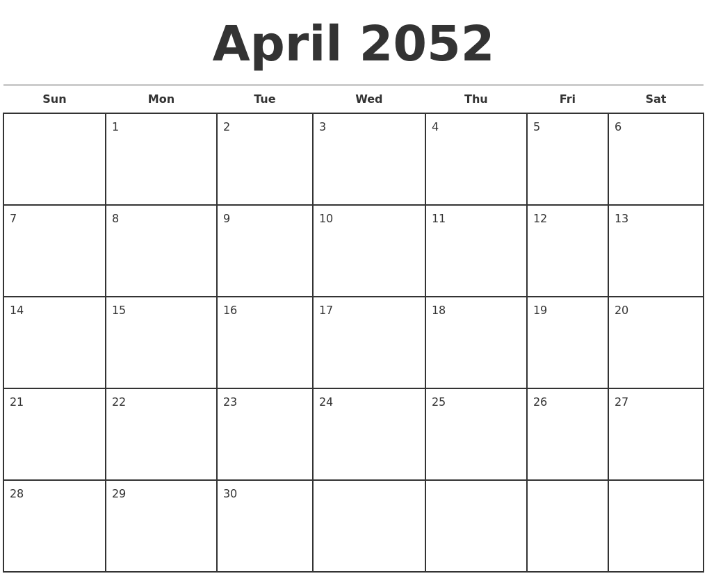 April 2052 Monthly Calendar Template