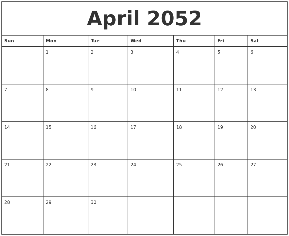 April 2052 Printable Monthly Calendar