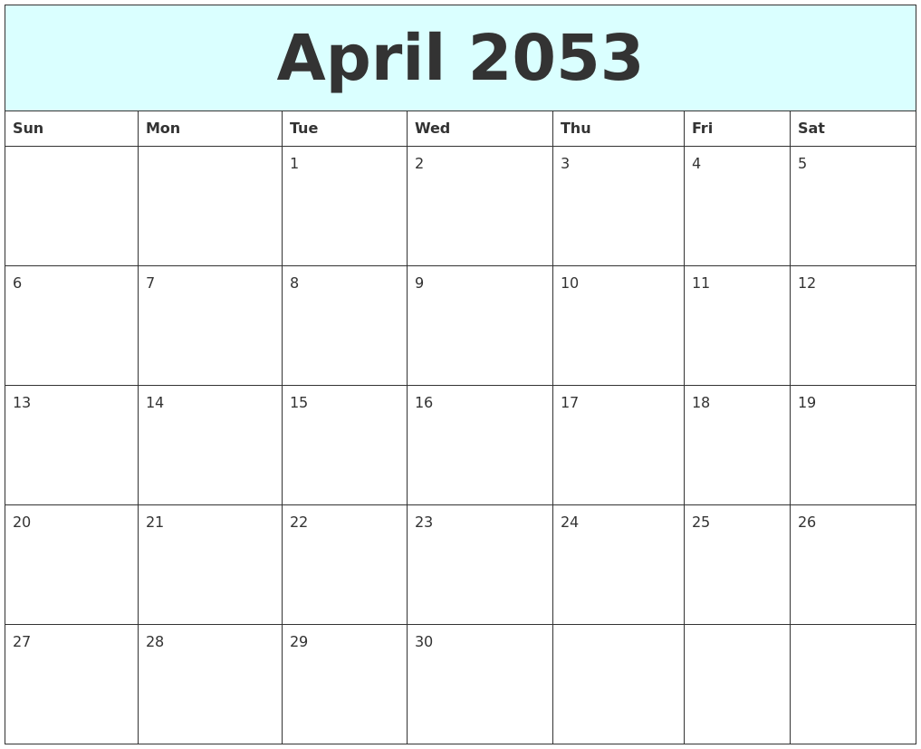 April 2053 Free Calendar